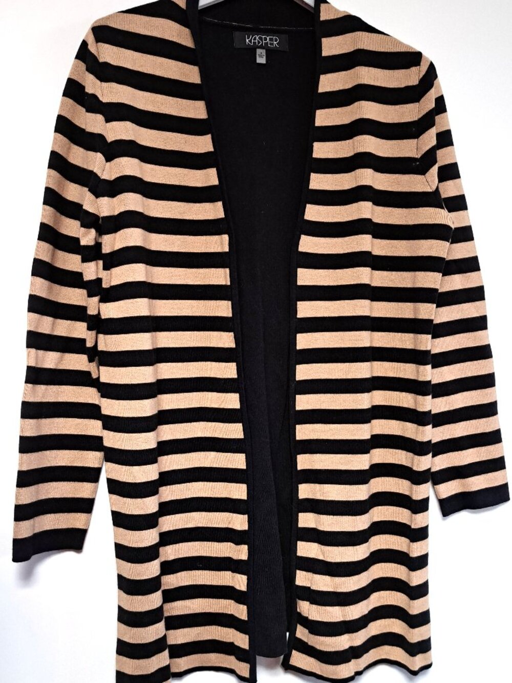 VERY NICE CASPER TAN & BALCK STRIPED CARDIGAN SWEATER LADIES SIZE SMALL